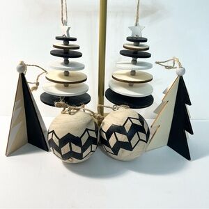 Modern Neutral Wooden Ornament Set - Minimalist Black & Natural Holiday Décor